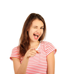 Portrait of screaming female face squeeze her ears by hand. emotional girl isolated on white background