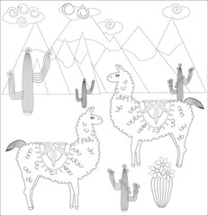 Coloring page of cartoon lama. Vector illustration, coloring book for kids.