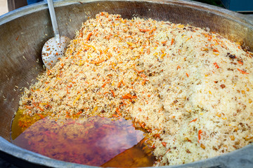 Cooked pilaf. Street food.