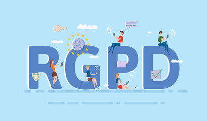 People using mobile gadgets and internet devices among big RGPD letters. GDPR, RGPD, DSGVO. Concept vector illustration. Flat style. Horizontal.