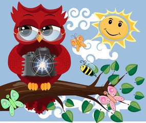 A red sweet owl with glasses and a camera sits on a tree branch on a clear sunny day. Photo business, photographer, vocation, profession