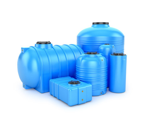 Blue plastic barrel on a white background. Polyethylene container for water. 3D illustration