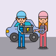 people cartoon holding battery and electrical service car vector illustration
