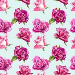 Natural pink roses background. Seamless pattern of red and pink roses, watercolor illustration.