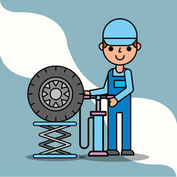 mechanic boy with pump wheel car service vector illustration