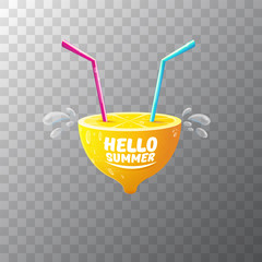 Vector Hello Summer Beach Party Flyer Design template with fresh lemon isolated on transparent background. Hello summer concept label or poster with orange fruit and text.