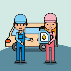 mechanic boy and girl engine oil car service vector illustration