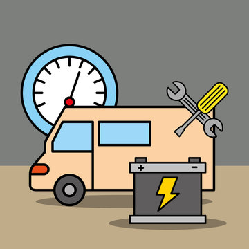 car service repair speedometer battery and tools vector illustration