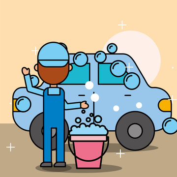 mechanic boy car wash bucket soap bubbles service vector illustration