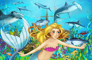 cartoon scene with mermaid diving near sunken ship - illustration for children © honeyflavour