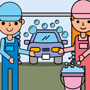 mechanic girl and boy holding bucket car wash service vector illustration
