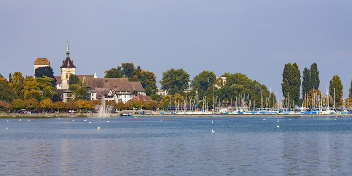 Switzerland, Thurgau, Arbon, Lake Constance, Harbor, Castle of Arbon and St Martin's Church