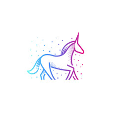 Fototapeta premium Cartoon unicorn linear silhouette icon, colorful fairy magic horse with horn on head, vector illustration on white background. Gambling logo, horse racing emblem.