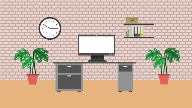 workspace desk pc clock bookshelf in wall brick plants decoration animation