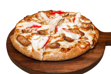 Fast food Italian traditional.Hot chicken sausage pizza with cheese, imitation crab stick on wooden board table classic in top view.Closed up.Copy space on white background.