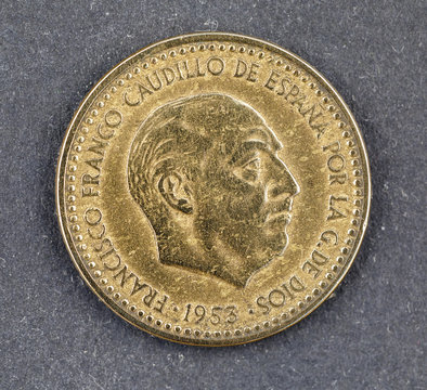 Spanish currency Francisco Franco una peseta isolated on a white background