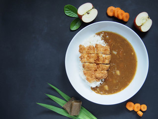 Japanese fried fish curry rice on white plate with ingredients on dirty dark background. Top view. Copy space for your text. Asian food concept.