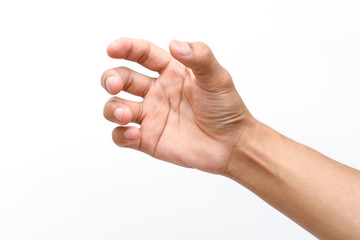 Hand holding something like a bottle isolated on white background. clipping path