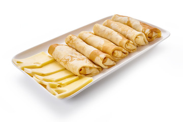 pancakes with cheese are isolated on a white background