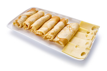 pancakes with cheese are isolated on a white background