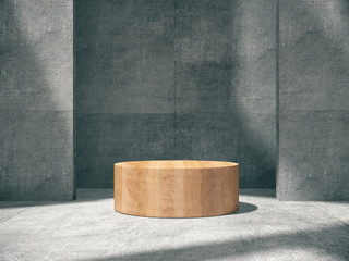 Wooden pedestal for display,Platform for design,Blank product stand with concrete empty room.3D rendering.