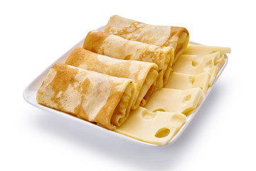 pancakes with cheese are isolated on a white background