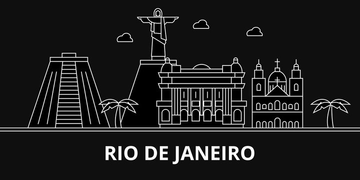 Rio De Janeiro silhouette skyline. Brazil - Rio De Janeiro vector city, brazilian linear architecture, buildings. Rio De Janeiro line travel illustration, landmarks. Brazil flat icon, brazilian