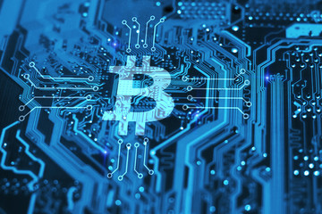 Bitcoin cryptocurency concept on blue integrated circuit on background. Blockchain technology concept.