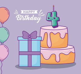 happy birthday design with birthday cake and gift box over purple background, colorful design. vector illustration