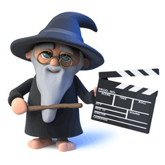 Obraz premium Vector 3d Funny cartoon wizard magician is making a movie