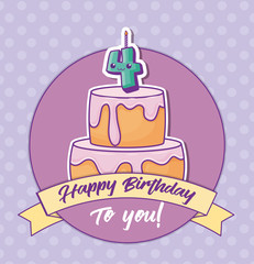 happy birthday invitation with birthday cake and kawaii 4 number candle over purple background, colorful design. vector illustration