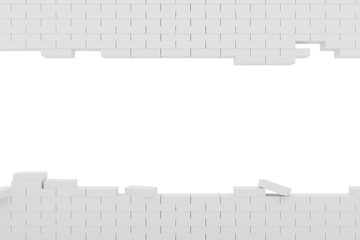 3D rendering Destruction of a white brick wall on white background