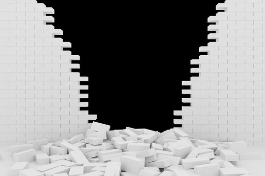 3D rendering Destruction of a white brick wall on black background