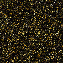 Gold splash or glittering spangles seamless pattern. Hand drawn gold glitter texture. Golden blobs or uneven spots on black background endless template. Festive, birthday, party splatter background.