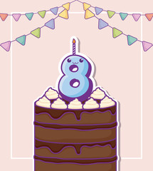 happy birthday design with birthday cake with kawaii number candle over pink background, colorful design. vector illustration