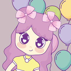 Kawaii anime girl over colorful balloons and gray background, vector illustration