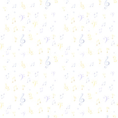 Watercolor texture splash music pattern. Seamless notes background