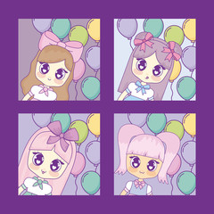 icon set of kawaii anime girls over colorful balloons and purple background, vector illustration