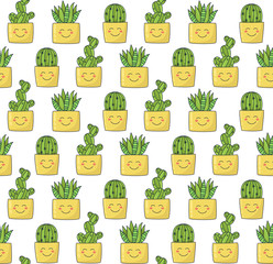Smily cactus colorful cute seamless vector pattern