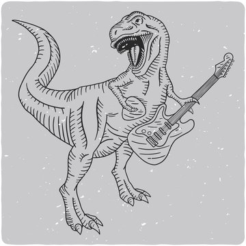 Isolated black and white illustration with tyrannosaurus playing on electric guitar