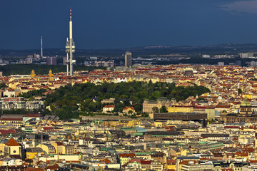 Obraz premium View of the television and broadcasting tower in Prague, in the Zizkov district.