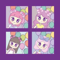 icon set of kawaii anime girls over colorful balloons and purple background, vector illustration