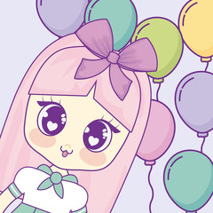 Kawaii anime girl over colorful balloons and blue background, vector illustration