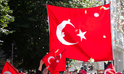 crowd carrying turkish flags