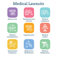 Medical Lawsuits with Pharmaceutical, negligence, & medical malpractice icon set