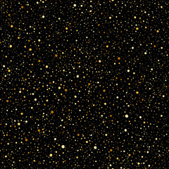 Goldflitter, Punkte oder Nachthimmel mit glänzenden goldenen Sternen, Vektornahtloses Muster. Handgezeichnetes Spray, Splatter, Blobs-Textur. Ungleichmäßige gelbe Flecken, Flecken, Flecken auf schwarzem Hintergrund endlose Vorlage.