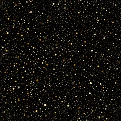 Sierkussen Gouden lovertjes, stippen of nachtelijke hemel met glanzende gouden sterren vector naadloze patroon. Handgetekende spray, splatter, blobs textuur. Ongelijke gele vlekken, vlekjes, vlekjes op een zwarte achtergrond eindeloze sjabloon. © Elena Panevkina