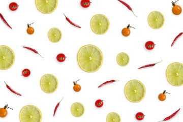 Raw material with lemon slice, chili, tomato on white background.