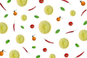 Raw material with lemon slice, basil leaves, chili, tomato on white background.