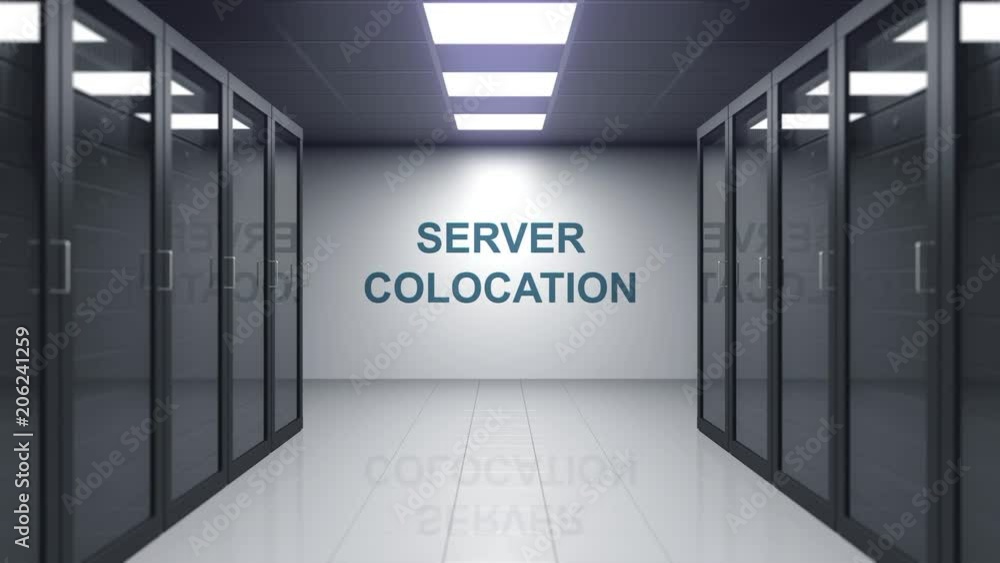 Poster server colocation caption on the wall of a server room. conceptual 3d animation